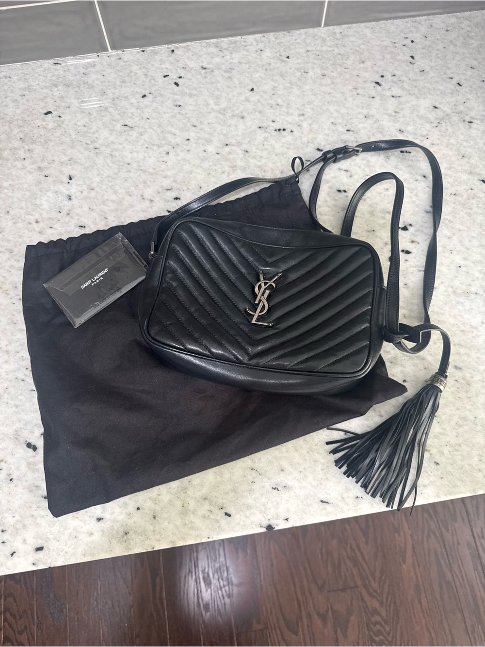 Saint Laurent Black Quilted Lou Camera Crossbody with Silver YSL